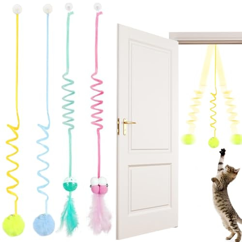 alwaiiz 4 Stück Katzenspielzeug Türrahmen, Hängendes Frühlings-Plüschball Katzenspielzeug, Katzen Spiel mit Glocke, Geeignet für Katzen zum Spielen