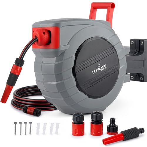 LEHMANN Avvolgitubo da Parete Automatico con Tubo da 20 m + 2 m, Avvolgitubo da Giardino per Irrigazione Flessibile, incl. Tubo di Alimentazione 2 m, Raccordi da 3/4 e 1/2