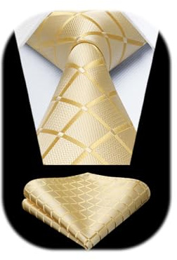 HISDERN Krawatten für Herren Hellgelb Hochzeit Karierte Krawatte mit Einstecktuch Formelle Klassische Herrenkrawatte und Taschentuch Set für Männer