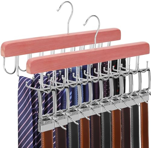 TOPIA HANGER Cedar CT60C Lot de 2 cintres 2 en 1 pour cravates de placard Max 60 ceintures avec capacité de 60 cravates, 20 crochets pour organiseur de placard, ceinture incurvée et cravate plate