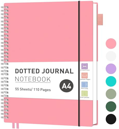 RETTACY Notizbuch A4 Gepunktetes, Bullet Dot Journal, Leichtgewicht Collegeblock, 55 Blatt / 110 Seiten Zum Schreiben, 100gsm, PVC Rinbuch, für Frauen Männer Arbeit Büro, 21,5 x 27,9cm - Rosa