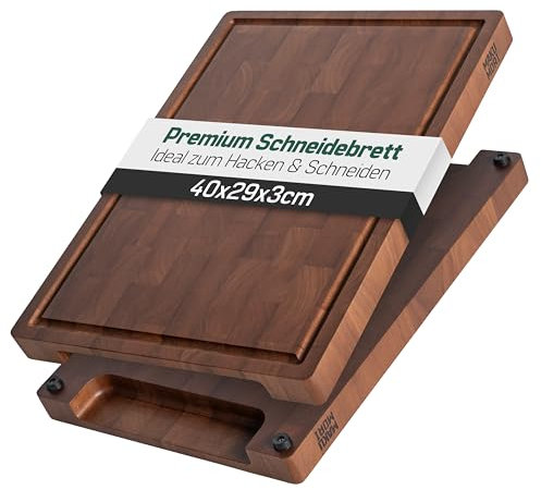 MAKUMORI Premium Schneidebrett aus Massivholz, Stirnholz, End Grain 40x29x3cm - Aus karbonisiertem Heveaholz -FSC®-zertifiziert, Füße, Saftrinne und große Griffmulden