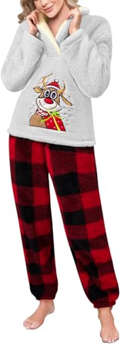 Tuopuda Pigiami Natalizi Pile Donna Lunghi Tuta Completa Invernale, Pigiama Felpato Pjs in Flanella Pullover Giacca con Pantaloni Maglione Top Homewear Regalo Donna Coppia, Grigio Chiaro, XXL