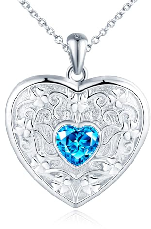 MicLee Collier Photo Médaillon Cœur en Argent 925 Femme Fille Créatif Pendentif Locket avec Bleu Cœur Zircone Breloque Ouvrable Collier Amulette Mémorial Bijoux Elégant
