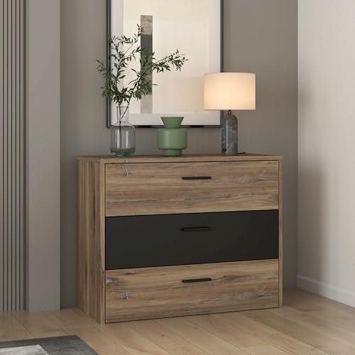 FORTE Leonard Kommode 90 100, Moderne Kommode mit 3 Schubladen, Sideboard, Holzwerkstoff, Flagstaff Eiche Holzdekor/Schwarz, 99,8 cm breit x 79,9 cm hoch x 41,5 cm tief