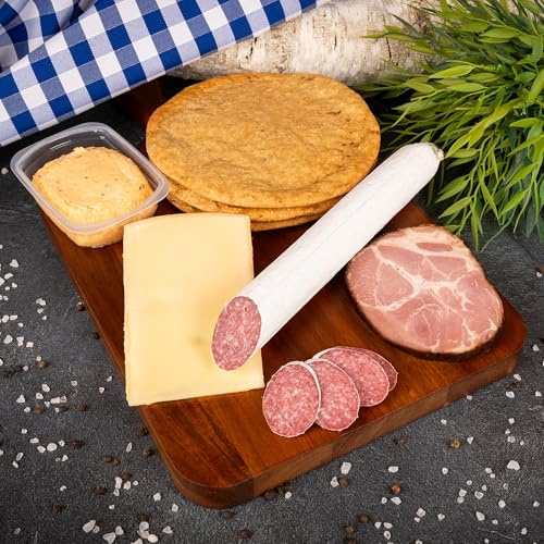 WURSTBARON® Alpenländisches Brotzeitpaket, Wurstpaket mit bayrischem Obazda, Schinken, Salami, Käse & Brot, Geschenkset mit südtiroler Schüttelbrot Schwarzrauchschinken, Obazda & Salametti