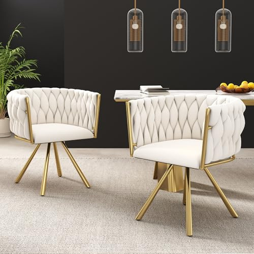 Idemon Samt-Esszimmerstuhl, einzelner Heller Luxus-Wohnzimmer-Schlafzimmer-Drehstuhl, Freizeit-Drehstuhl mit Vier Metallstützbeinen in Beige und Gold (2)