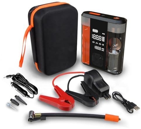 Offgridtec Outil multifonction 3 en 1 ND2L 8800 mAh, pompe à pneus, aide au démarrage de voiture, batterie externe, 4 modes de gonflage, affichage LED, lampe SOS, compact et polyvalent, noir