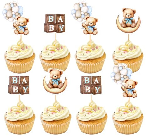 24 Stück Doppelseitiges Sweet Bear Cupcake Toppers Ideal Cupcake Decor Picks for Baby Parties Animal themed Celebrations Birthday Events Adorable Bear shaped Cupcake Decorations