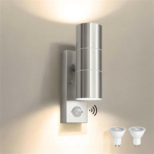 JNR Edelstahl Außenlampe mit Bewegungsmelder, Aussenlampe, Silber | Einstellbarer PIR Bewegungsmelder Dämmerungssensor, IP54 Wasserdichte 230V Wandleuchte, 2x5W GU10 3000K LED Glühbirne