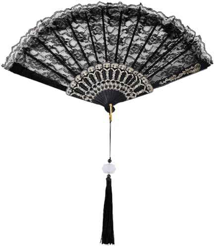 CREATCABIN Black Lace Folding Fan Line Dance Popping Fan Lolita Embroidered Foldable Fan Clack Fan for Dancing Performence Party Wedding Decor Tea Party Fans Protable Cooling Hand Fan 10in