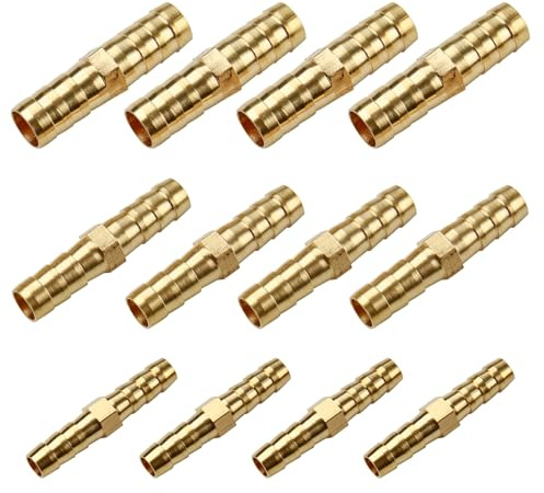 12 Pcs 6mm 8mm 10mm Brass Barb Hose Fittings, 2 Way Straight Connector Pipe Line Adapter Bidirectional Coupler Junction Tube Fitting for Transporting Air Gas Water Oil Fuel