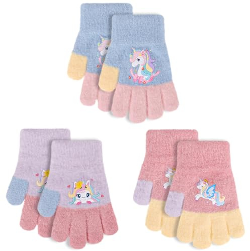 Jupsk 3 Pairs Girls Gloves Winter Knit Warm Stretch Fluffy Magic Glove Unicorn Mittens for Children Kids Toddler Ages 2-5 Years