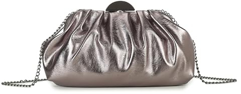 Faux Leather Metallic Clutch Purse with Chain Strap, Pleated Design, Gold-Tone Hardware, Evening Bag (Pewter)