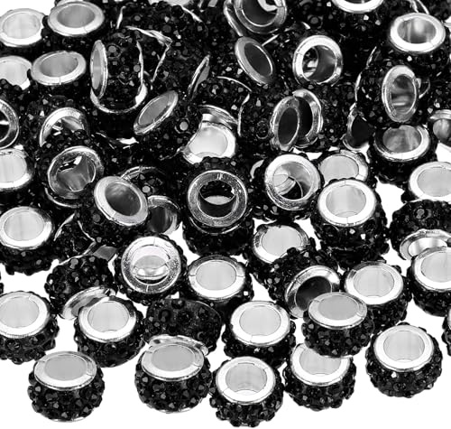 QUARKZMAN 100 Pcs Perle Con Foro Grande 12mm Perle Rhinestone Europee Nero | Per Bracciali Creazione Gioielli Pen Crafts