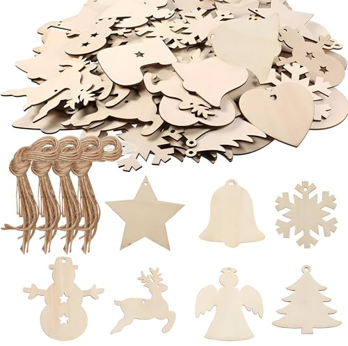 70 Stück Holzanhänger - Naturholz DIY Holzdeko Set für Weihnachtsbaum, Geschenkanhänger & Café Deko, 6 Formen, Familien Basteln