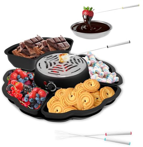 2 in 1 Electric Smores Maker & Chocolate Fondue Set, Tabletop Marshmallow Roaster with Temp Control,4 Roasting Forks, 4 Detachable Trays & 1 Heated Bowl, Movie Night Supplies & Housewarming Gifts