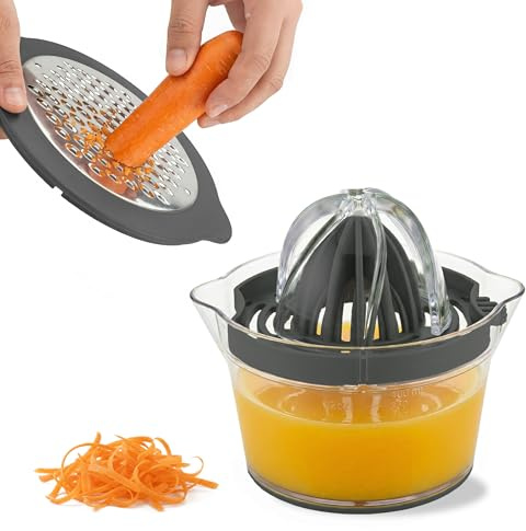 EYNEL 5-in-1 Manual Citrus Juicer with Measuring Cup – Lemon, Orange & Lime Squeezer, Egg Separator & Garlic Grater, BPA-Free, 12oz, Green (1, Gray)