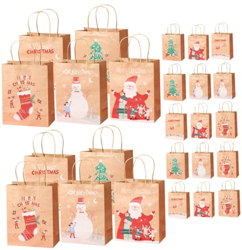 Parliky 25 Stück Weihnachtspapiertüten mit Griffen Kleine Geschenkbeutel aus Papier Weihnachtliche Gastgeschenktaschen mit Weihnachtsmotiven für Party und Süßigkeiten