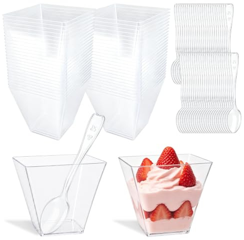 XIANJIA 50 Pcs Dessert Cups with Spoon Hard Plastic Mini Dessert Bowls | Party Use Cheesecake Pots for Pudding Mousse Parfait Tiramisu Jelly Appetizer 60ml