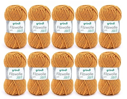 Gründl Wolle Filzwolle uni 100% Schurwolle - 10 Knäuel 50 g, Curry | Dicke Wolle zum Filzen in der Waschmaschine - Strickgarn zum Filzen - Weich und hautfreundlich - 50g/50 m - Nadelstärke 8-9