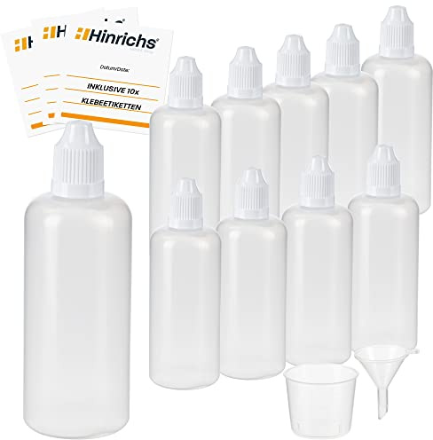 Hinrichs 10 x 100ml Liquid Flaschen mit Trichter, Messbecher und Etiketten - Leere Quetschflasche zum Mischen, Nachfüllen & Dosieren - Tropfflasche Squeeze Bottle - Dosierflasche klein Set