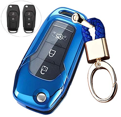 ROYALFOX (TM 2 3 Tasten Soft TPU Flip Remote Key Fob Case Cover for 2015 2016 2017 2018 2019 Ford F150 F250, Focus 3 Escort Kuga Everest Fiesta Mustang Edge MKV Fusion 2016 Ranger (blau)