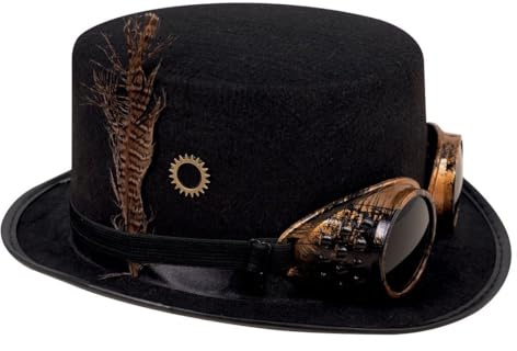 P' CLOWN - 95840 – Hut hohe Form Steampunk – Schweißerbrille abnehmbar – Steamgoggles Hut – Kostümzubehör – Karneval – Halloween, Themenpartys, Cosplay – Erwachsene – Schwarz