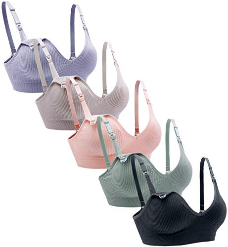 Suekaphin Amnings-BH, trådlös, djup V-hals, för graviditet, amningsbehå, bralette, sömn, med extra förlängningar, 5 stycken, sortering av Rib-a, Large
