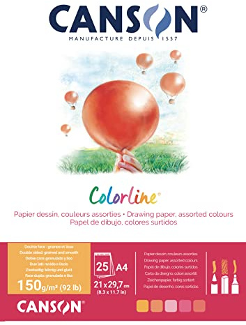 CANSON Colorline, Farbiges Zeichenpapier, Zweiseitig: gekörnt und glatt, 150gsm, 92lb, An der kurzen Seite geleimter Block, A4-21x29,7cm, 5 verschiedene Farbtöne, 25 Blatt - C31074P001