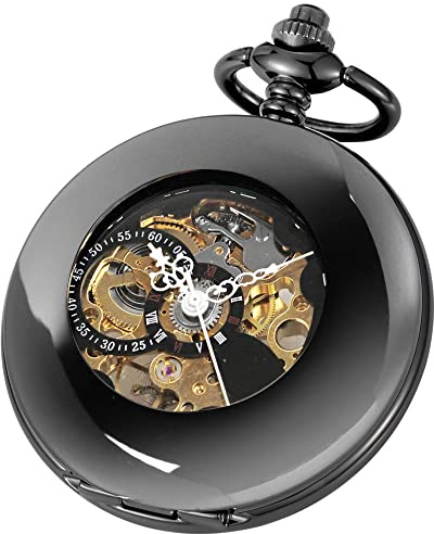Tiong Vintage Unique Hollow Mechanical Steampunk Pocket Watch with Chain Skeleton Roman Numerals Pocket Watches for Men Gifts & Box