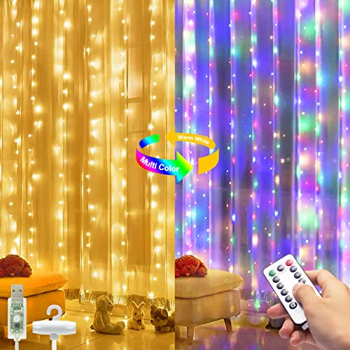 hepside Lichterkette Vorhang Innen Dimmbar Warmweiß/Bunt, 3x3m 300 LED Lichterketten Vorhang mit 8 Lichtmodelle, IP65 Wasserdicht USB Lichtervorhang mit Fernbedienung für Party Weihnachten