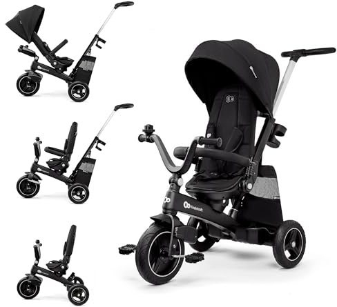 Kinderkraft EASYTWIST Tricycle pour Enfant avec Accessoires, fenêtre de Toit, Sangles de sécurité, Rotation à 360 °, Roue Libre, Barre de poussée, Convient aux Enfants de 9 Mois à 5 Ans, Noir
