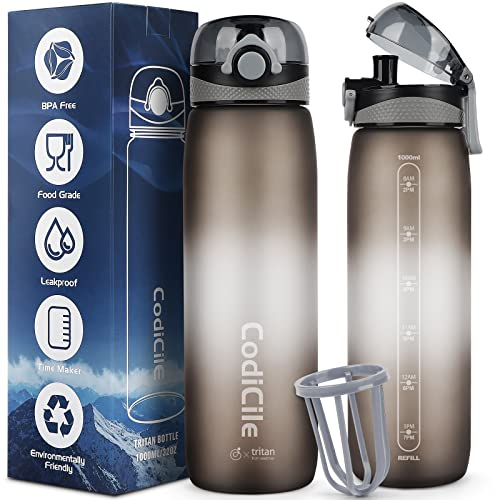 CodiCile Trinkflasche 1l BPA frei, Wasserflasche 1L Tritan, Spülmaschinensichere Sport Trinkflasche, Auslaufsichere Flasche mit Zeitmarkierung und Filter für Laufen, Fitness, Schule, im Freien