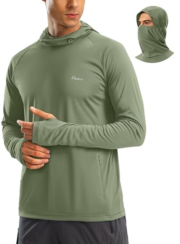 Pudolla Men's Sun Protection Hoodie UPF 50+ Fishing Hiking Shirt UV Shirts with Mask for Men Long Sleeve Lightweight(Olive Medium)
