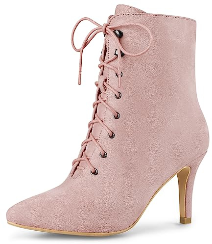 Allegra K Women's Pointy Toe Lace Up Stiletto Heel Dust Pink Ankle Boots 8 m US