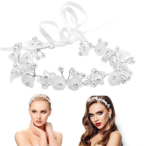 PEALOVCOM Braut Haarschmuck Perlen Hochzeit Kommunion Stirnband Braut Kopfschmuck Haarkranz Weiß Perle Stirnband mit verstellbarem Chiffon-Band für Braut Brautjungfer Blumenmädchen Damen Mädchen