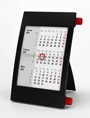 HiCuCo 3-Monats-Tischkalender für 2 Jahre (2026 und 2027) - Aufstellkalender - Stehkalender - mit Drehmechanik - Farbvarianten - (Schwarz/Rot)
