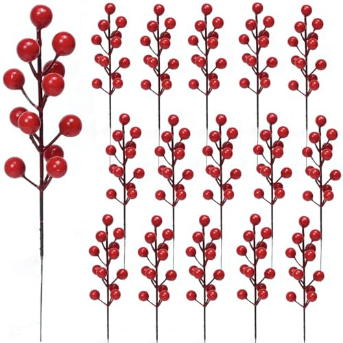 KKSTY 16Pcs Artificial Holly Berry Stem Christmas Decoration (Red)