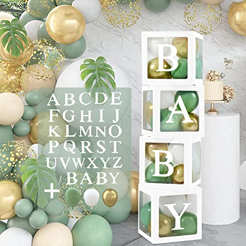 Scatole Baby Shower Decorazioni Ragazzi, Scatole per Palloncini Verdi Salvia con 27 Lettere (BABY+A-Z), 30 Palloncini,Scatole Baby Shower Boy Girl, Decorazioni Festa Jungle Safari Compleanno