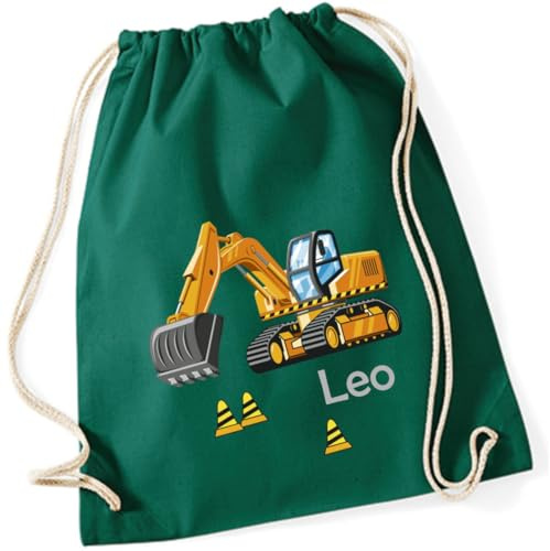minimutz Turnbeutel Bagger Baustelle mit Namen personalisiert - Stoffbeutel Jungen Rucksack - Sportbeutel zum Zuziehen - 12L - 37x46cm (natur)