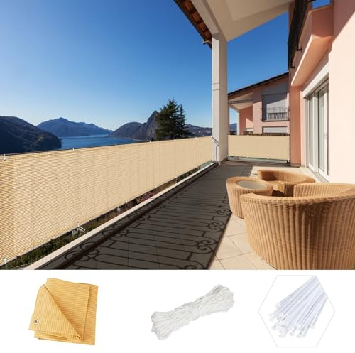 NINGBAI Brise Vue Pare-Vue 95 x 750 cm Toile De Balcon, Ecran De Protection, Habillage De Balcon Protection Contre Le Vent, Les Intempéries pour Balcon et Clôture Porches, Couleur Crème