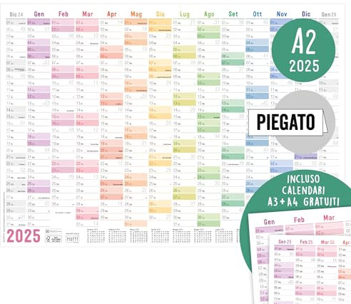 Häfft® Wandkalender 2025 A2 auf Italienisch Rainbow (59,4 x 42 cm) gefalzt, Wandplaner mit italienischen Feiertagen + extra A3 & A4 Kalender - nachhaltig & klimafreundlich