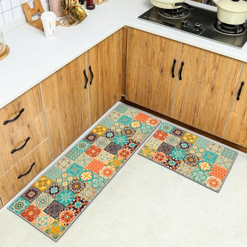 HSGLGNA Küchenteppiche 2 Stück, Rutschfestes Küchenmatten,6mm Dick rutschfest Wasserdicht Pflegeleicht, Anti-Müdigkeit Küchenteppich Teppich Läufer für Küche (Style K, 40x60+40x120cm)