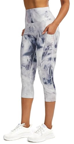 Tuspryt sport leggings dam 3/4 caprileggings med fickor, sportbyxor dam 3/4 ogenomskinliga fitnessbyxor löparbyxor kvinnor, Vitt blått tryck, M