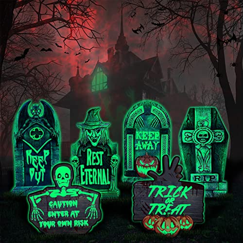 Jojoin Juego de 6 Lápidas de Halloween Efecto Fluorescente -Decoración Horrorosa Interiores|Exteriores Lápidas de Cementerio Falsas de Halloween - Patio Trasero| Césped| Jardín| Casa Embrujada