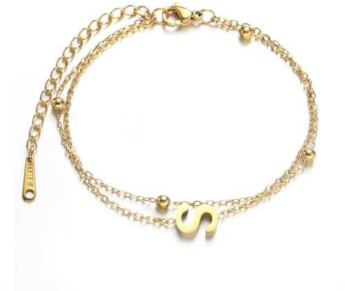SBI Jewelry Pulsera de oro con letra inicial para mujer, cadena en capas del alfabeto, pulsera de regalo, familia, amigos, cumpleaños, aniversario, 2.75 inches, Acero inoxidable Circonia cúbica, No es