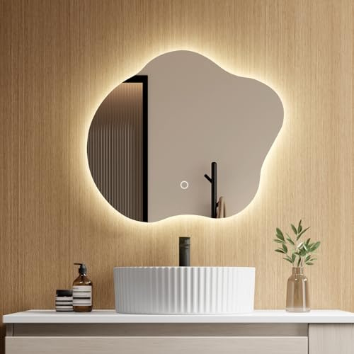 EMKE Asymmetrischer Badspiegel mit Beleuchtung 50 x 45 cm | LED Badezimmerspiegel Wandspiegel mit Anti-Beschlag | Dimmbar, 3 Lichtfarben, Touch-Sensor & 3h Abschaltautomatik