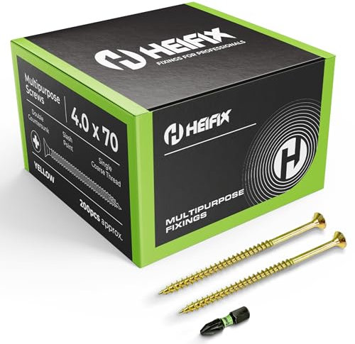 Heifix Multi-Purpose Wood Screws Pozi Double Countersunk - FREE Screw Bit Included (QTY 200, 4mm x 70mm)