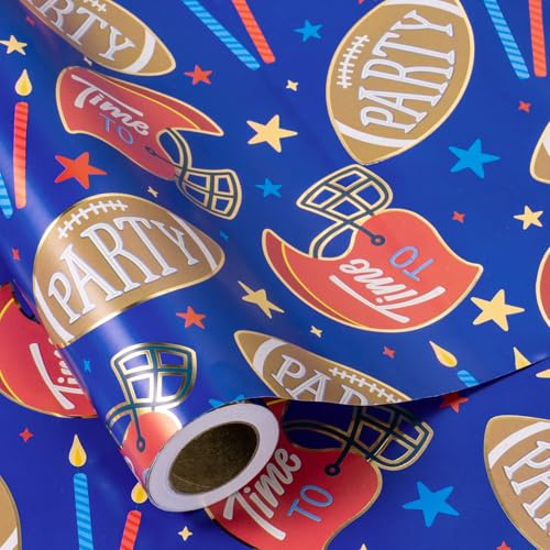 RUSPEPA Geschenkpapierrolle mit Fußball-Geburtstagsmotiv für Jungen – 43,2 cm x 5 m – mit Goldfolie beschichtetes Geschenkpapier – perfekt für sportliche Geschenke und Feiern für Kinder